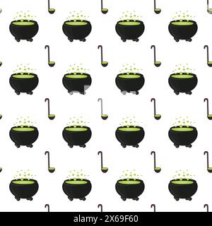 Witchs cauldron with boiling magic potion. Seamless pattern. Vector illustration. Stock Vector
