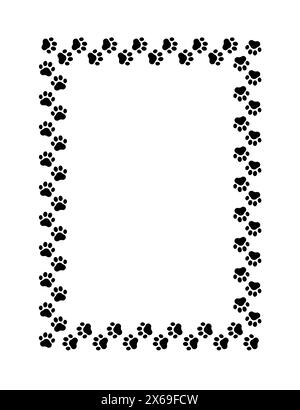 Frame paw pattern. Cute rectangle border dog or cat. Black footprint boarder isolated on white background. Mark traces frames. Silhouette step prints Stock Vector