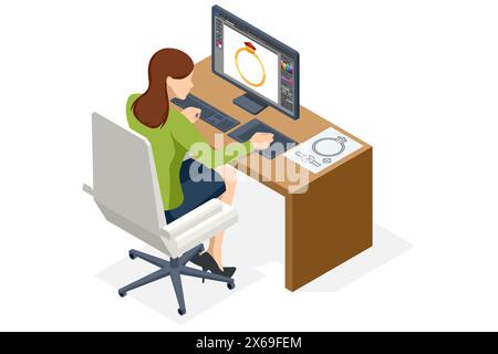Isometric Elegant Jewelry Gold Ring. Digital Artistry Engineer Crafts Golden Ring Design Using Computer. Product Still Life Concept Stock Vector