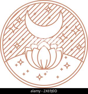 Mystical brown boho logo. Night lotus with moon and stars in the sky round shape aesthetic icon. Stock Vector