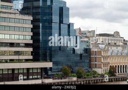 London, England, United Kingdom; View of modern and traditional architecture buildings along River Thames; The Northern & Shell Building Stock Photo