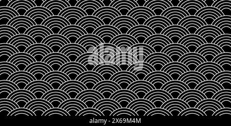 Black and white scallop print. Japanese seigaiha pattern. Sea or ocean waves background. Fish squama or dragon scale. Simple geometric ornament with repeating arch shapes. Vector graphic illustration. Stock Vector
