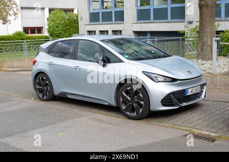 electric light blue car CUPRA on street, technology Spanish SEAT Cupra company brand, Automotive Industry, Leadership and Innovations, Frankfurt, Germ Stock Photo