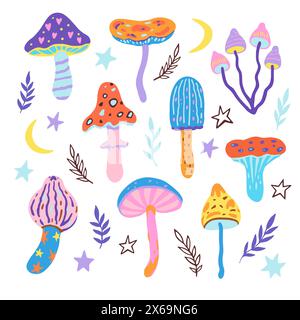 Set of doodle magic mushrooms. Vector illustration of fairy cartoon mushrooms, stars and plants in boho style. Stock Vector