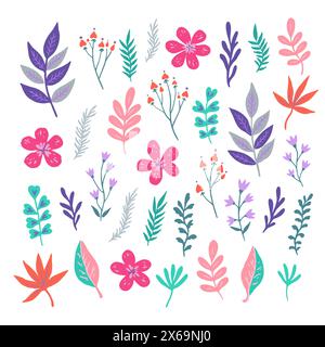 Big set of simple botanical elements. Cute doodle plants and flowers. Vector illustration. Stock Vector