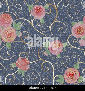 Watercolor roses flowers. Beautiful floral seamless pattern. Watercolour hand drawn spring summer botanical illustration on blue background. Print for Stock Photo