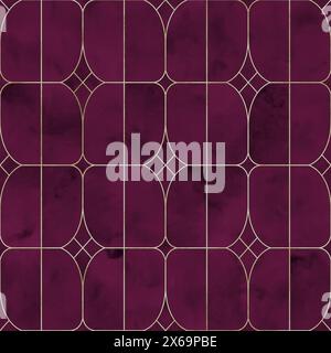 Watercolor burgundy red color stained glass window abstract geometric seamless pattern with golden line contour. Watercolour hand drawn texture backgr Stock Photo