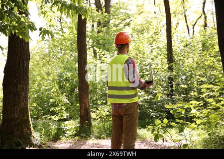 Forester with laptop examining plants in forest, back view Stock Photo