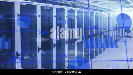 Image of statistical data processing and light spots against computer server room Stock Photo