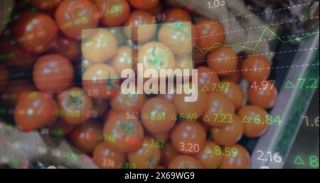 Image of changing numbers and graphs moving over fresh tomatoes for sale in market Stock Photo