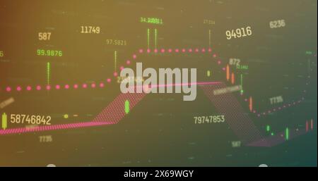 Image of changing numbers over multicolored graphs against black background Stock Photo