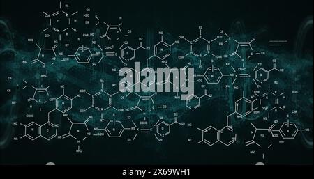 Image of chemical structures over blue digital wave against black background Stock Photo