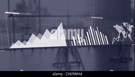 Image of multiple hud screens with reports and map over empty chairs in office Stock Photo