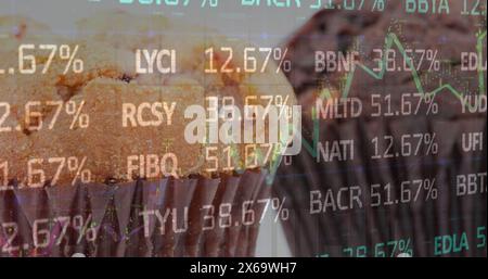 Image of stock market data moving over closeup of fresh cupcakes Stock Photo