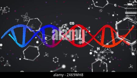 Image of dna, molecular and chemical structures against black background Stock Photo