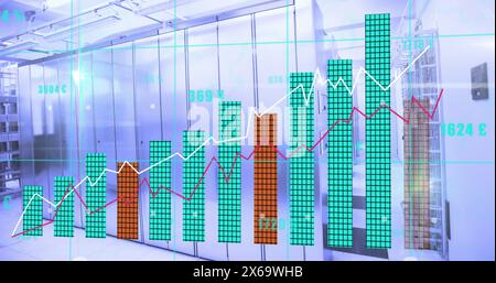 Image of statistical data processing and light spots against computer server room Stock Photo