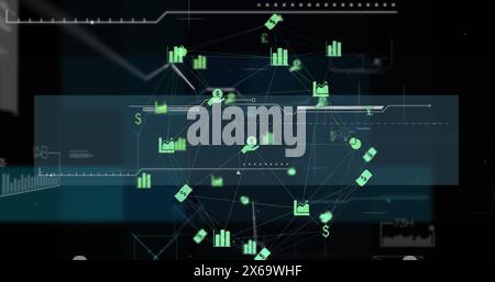 Image of graphs and financial icons connected with lines forming globe over hud screen Stock Photo