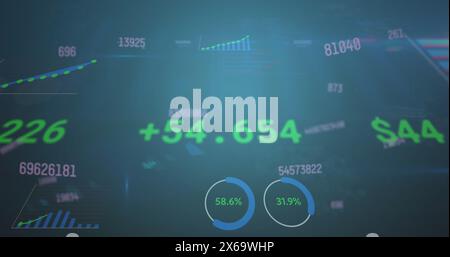 Image of changing numbers, statistical, stock market data processing on blue gradient background Stock Photo