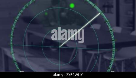 Image of radar scanning over caucasian couple kissing while sitting at dining table Stock Photo