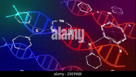 Image of dna and chemical structures against purple gradient background Stock Photo