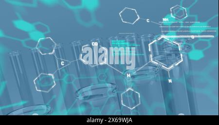 Image of chemical structures and data processing over test tubes against blue background Stock Photo