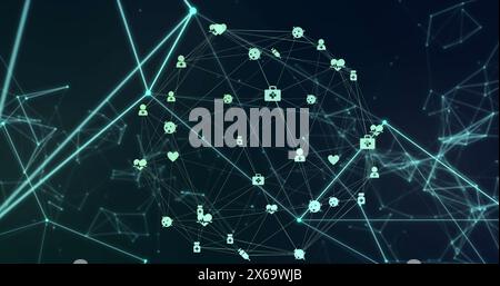 Image of medical icons connecting with lines and forming globe over connected dots Stock Photo