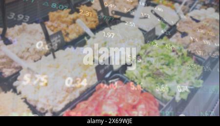 Image of graphs with numbers over various food arranged in buffet at restaurant Stock Photo