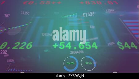 Image of changing numbers, statistical, stock market data processing on blue gradient background Stock Photo