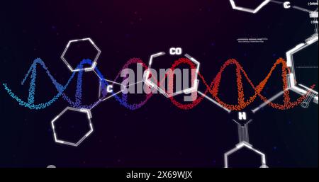 Image of dna, chemical structures and data processing against purple gradient background Stock Photo