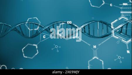 Image of dna, molecular and chemical structures against blue background Stock Photo
