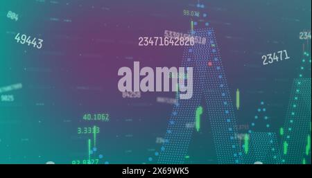 Image of changing numbers over multicolored graphs against gradient background Stock Photo