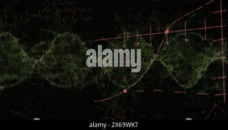 Image of mathematical equations over green digital wave against black background Stock Photo