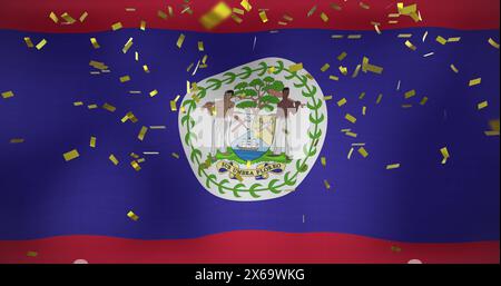 Image of falling golden confetti over waving flag of belize in background Stock Photo