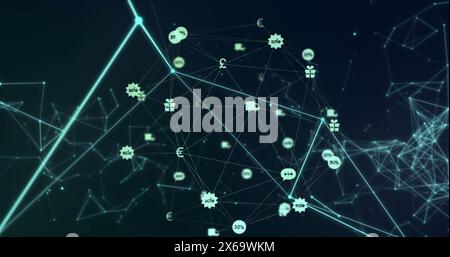 Image of connected dots and sale, gift, euro sign connected with lines forming globe Stock Photo