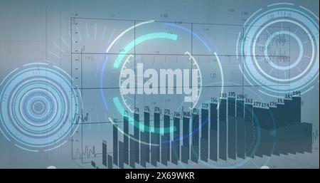 Image of graphs with changing numbers over loading circles against abstract background Stock Photo