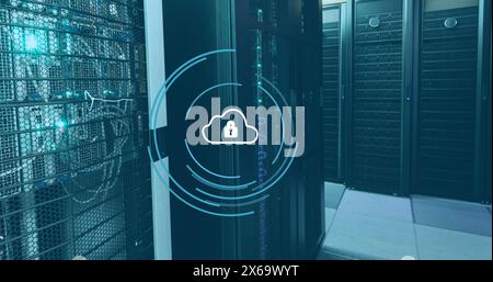 Image of padlock and cloud in loading circles over data server room Stock Photo