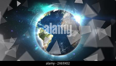 Image of 3d triangles and connected dots with rotating globe over abstract background Stock Photo