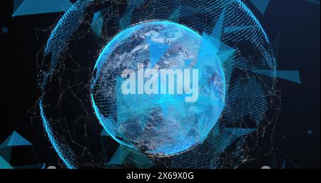 Image of triangles over connected dots around globe against abstract background Stock Photo