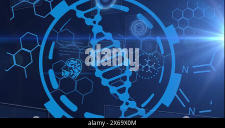 Image of dna strand logo over data processing Stock Photo