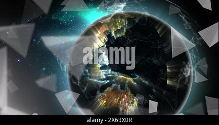 Image of 3d triangles and connected dots with rotating globe over abstract background Stock Photo