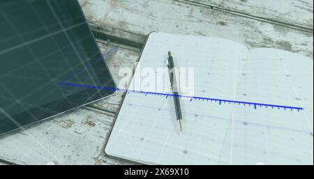 Image of arrow on growing graph over laptop, cellphone and digital tablet, pen and notepad Stock Photo