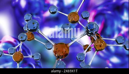 Image of dna molecules over glowing, colorful, liquid, background Stock Photo