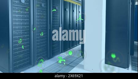 Image of icon in circles over data server racks in server room Stock Photo
