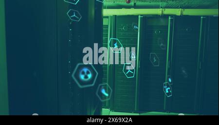 Image of icon in hexagons over data server racks in server room Stock Photo