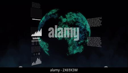 Glowing digital globe displaying data and graphs on blue background Stock Photo