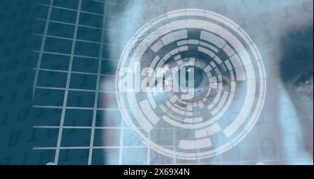 Image of binary coding and scope scanning over caucasian man Stock Photo