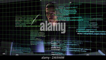 Image of data processing over caucasian male hacker Stock Photo
