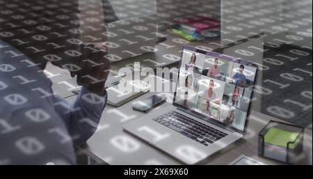 Image of binary coding over african american businessman having image call on laptop Stock Photo