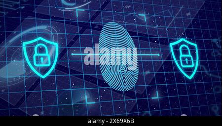 Image of fingerprint over data processing on blue background Stock Photo