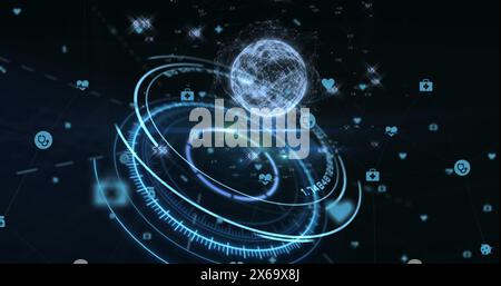Image of icons over scope scanning and globe on black background Stock Photo
